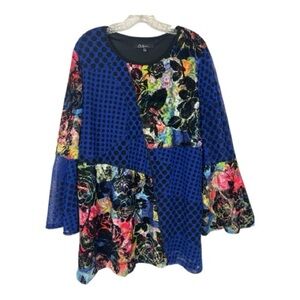 Calessa Sz L Mixed Print Velvet Floral & Polka Dot Top Tunic Blue & Black